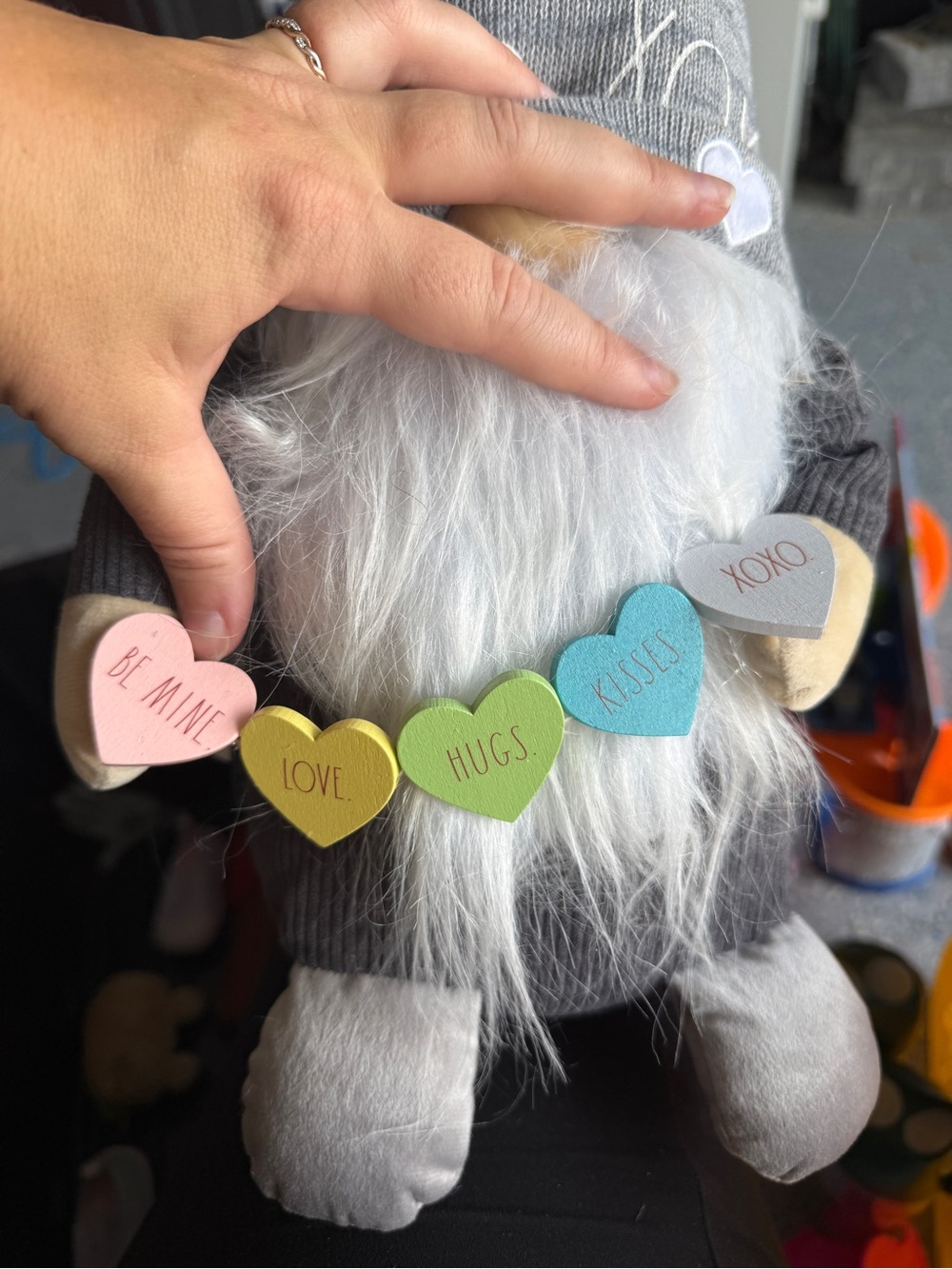 Rae Dunn Gray XOXO Gonk Doll Plush Hat with Heart Accents - Picture 4 of 4